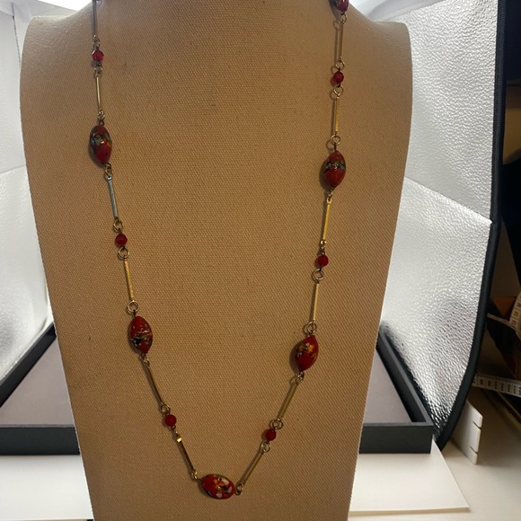 Murano Jewelry - Vintage Murano Glass Millefiori Red Bead Necklace with gold tone link rods.